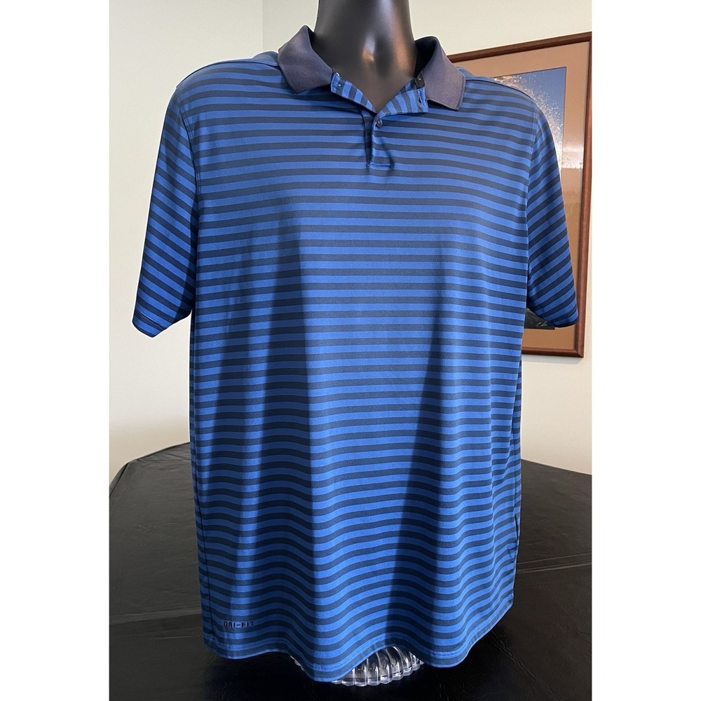 Nike Golf Dri-FIT Mens Blue Striped Short Sleeve Polo Shirt Large L Performance